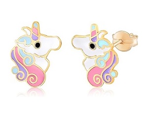 marvelous yellow gold pink white enamel stud baby earrings